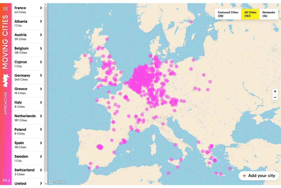 Screenshot of the website moving-cities.eu, which showcases over 700 European cities are actively supporting a solidarity-based migration policy. Moving cities