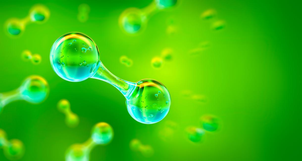 Green hydrogen gas molecule H2. Green hydrogen energy generation with renewable energy, sustainable alternative clean hydrogen H2 green energy, the fuel of the future industry, 3D background