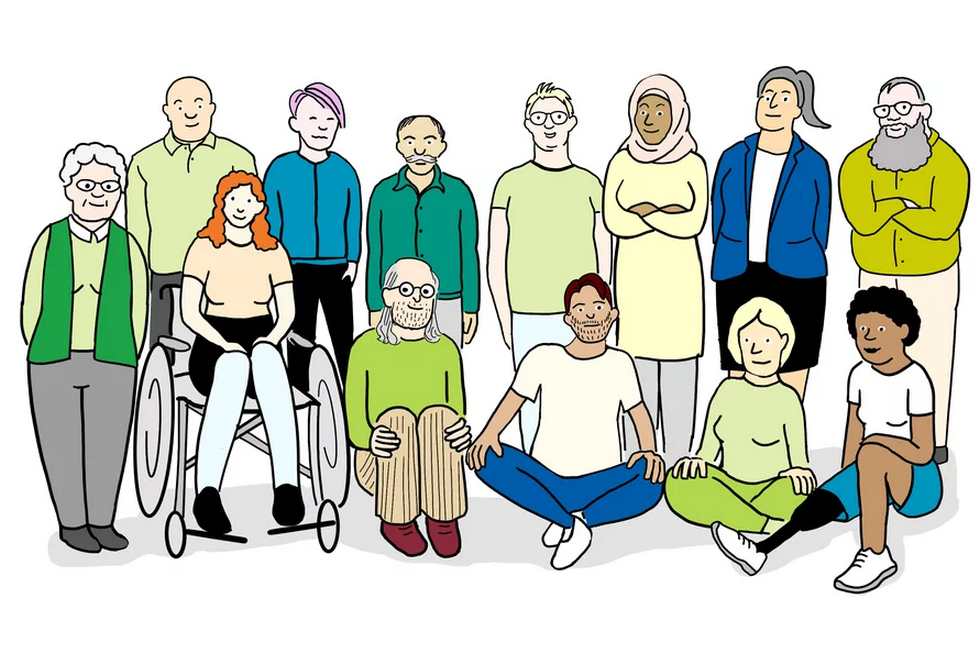 Diversity: 13 persons of different age, sex, religion, with dispairment