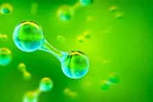 Green hydrogen gas molecule H2. Green hydrogen energy generation with renewable energy, sustainable alternative clean hydrogen H2 green energy, the fuel of the future industry, 3D background